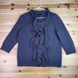 Escio Sweater Womens Medium Gray Ruffle Full Zip 3/4 Sleeve Cardigan Sweater